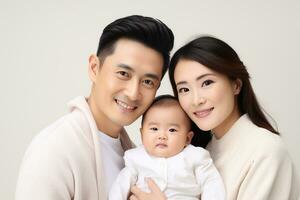 ai generiert Studio Porträt von schön Eltern mit Säugling Baby halten auf Hände auf anders Farben Hintergrund foto