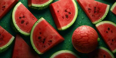 geschnitten Wassermelonen Hintergrund. Haufen von Wassermelonen. generativ ai foto