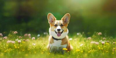 Walisisch Corgi Hund auf Gras Hintergrund. Porträt von süß Hund im das Park. generativ ai foto