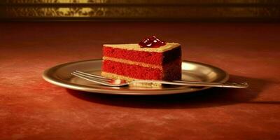 ein köstlich Scheibe von rot Kuchen auf ein golden Platte. generativ ai foto