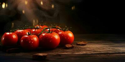 frisch rot Tomaten mit Wasser Tröpfchen auf hölzern Tisch. generativ ai foto