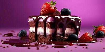 ein Stück von Schokolade Kuchen mit geschmolzen Schokolade und Erdbeeren auf lila Hintergrund. generativ ai foto