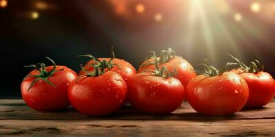 frisch rot Tomaten mit Wasser Tröpfchen auf hölzern Tisch. generativ ai foto