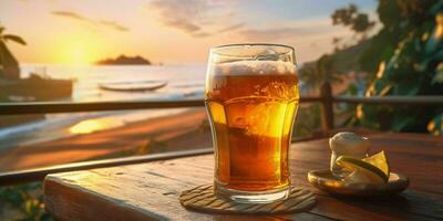 frisch Bier auf ein hölzern Tabelle mit Strand Sicht. generativ ai foto