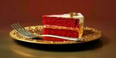 ein köstlich Scheibe von rot Kuchen auf ein golden Platte. generativ ai foto