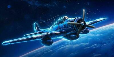 Kämpfer Jet fliegend im ein Blau Nacht Himmel mit leuchtenden Sterne. generativ ai foto