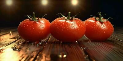 frisch rot Tomaten mit Wasser Tröpfchen auf hölzern Tisch. generativ ai foto