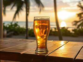 frisch Bier auf ein hölzern Tabelle mit Strand Sicht. generativ ai foto