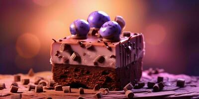 Stück von Schokolade Kuchen mit geschmolzen Schokolade und verstreut Schokolade Chips. generativ ai foto