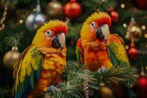 bunt Papageien thront auf dekoriert Weihnachten Bäume im ein tropisch Landschaft foto