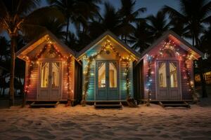 festlich Beleuchtung funkeln auf tropisch Strand Hütten Begrüßung das Neu Jahr foto