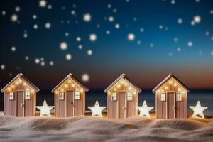Strand Hütten mit festlich Beleuchtung zum Neu Jahre Feier Hintergrund mit leeren Raum zum Text foto