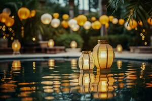 schwebend Laternen auf Schwimmbad beim tropisch Neu Jahre Party Hintergrund mit leeren Raum zum Text foto