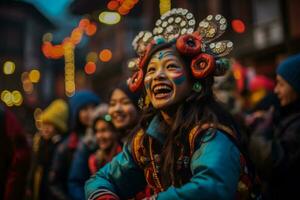 traditionell gekleidet Einheimische genießen lebhaft Straße Karneval auf Neu Jahre Vorabend foto