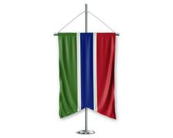Gambia oben Wimpel 3d Flaggen auf Pole Stand Unterstützung Sockel realistisch einstellen und Weiß Hintergrund. - - Bild foto