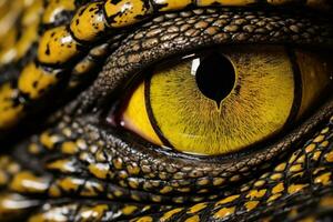 Makro Bild von ein Auge von ein Krokodil, extrem Nahaufnahme, schließen oben von das Gelb Auge Krokodil, ai generiert foto