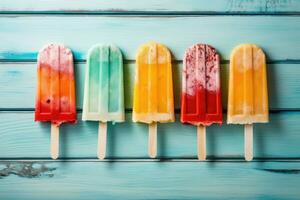 bunt Eis am Stiel auf ein Blau hölzern Hintergrund. selektiv Fokus, bunt Eis am Stiel Eis Sahne auf Türkis hölzern Hintergrund, ai generiert foto