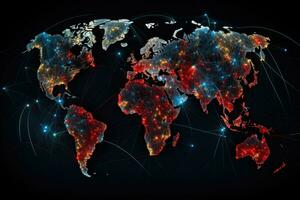 Welt Karte mit glühend Linien und Punkte auf dunkel Hintergrund. Vektor Illustration, Kommunikation Netzwerk Karte von das Welt, ai generiert foto