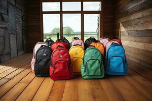 Gruppe von bunt Rucksäcke auf das hölzern Fußboden in der Nähe von das Fenster, bunt Kinder Schultaschen auf hölzern Boden. Rucksäcke mit Schule Zubehör, ai generiert foto