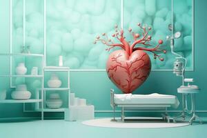 3d Rendern von ein Herz im ein modern Zimmer mit medizinisch Ausrüstung, konzeptionelle medizinisch Hintergrund Bild mit Kopieren Raum. 3d Wiedergabe, ai generiert foto