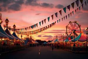 Karneval beim Sonnenuntergang. Ferris Rad und Messegelände Fahrten, bunt Sommer- Karneval beim Dämmerung, ai generiert foto