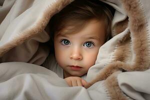 Porträt von ein süß wenig Mädchen Lügen unter das Decke und suchen beim das Kamera, süß Baby Junge unter das Decke. Nahansicht Porträt, ai generiert foto
