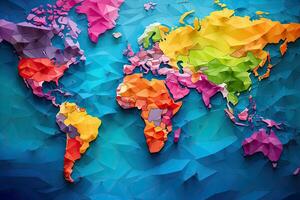 polygonal Welt Karte. Mehrfarbig abstrakt Hintergrund. Vektor Illustration, farbig Welt Karte. politisch Karten, bunt Welt Länder, und Land, ai generiert foto
