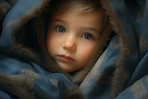 3d Rendern von ein süß wenig Baby Junge tragen ein Blau Decke, süß Baby Junge unter das Decke. Nahansicht Porträt, ai generiert foto