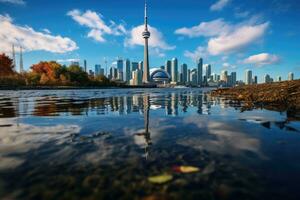 Toronto Stadt Horizont reflektiert im das Wasser mit Herbst Blätter. Ontario, Kanada, cn Turm und Toronto Hafen Betrachtung, ai generiert foto