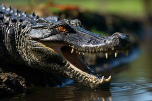 Krokodil mit öffnen Mund, Pantanal, Brasilien, Nahansicht von ein schwarz Kaiman Profil mit öffnen Mund gegen defokussiert Hintergrund beim das Wasser Rand, ai generiert foto