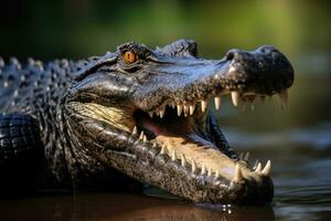 Krokodil im das Wasser mit öffnen Mund und Zähne, Nahansicht von ein schwarz Kaiman Profil mit öffnen Mund gegen defokussiert Hintergrund beim das Wasser Rand, ai generiert foto