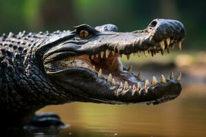 Krokodil mit öffnen Mund im natürlich Lebensraum, Thailand, Nahansicht von ein schwarz Kaiman Profil mit öffnen Mund gegen defokussiert Hintergrund beim das Wasser Rand, ai generiert foto