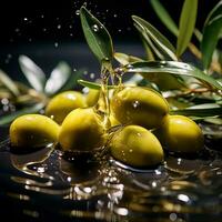 frisch Oliven und Olive Öl zum gesund Kochen, ai generiert foto