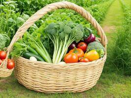 gesund Essen frisch organisch Gemüse im ein rustikal Bauernhof Korb, generativ ai foto