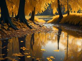 Natur Schönheit im November beschwingt Herbst Bäume im ein heiter Wald, ai generiert foto