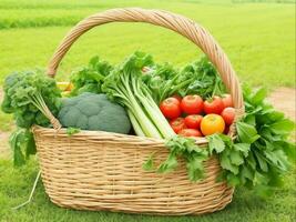 gesund Essen frisch organisch Gemüse im ein rustikal Bauernhof Korb, generativ ai foto