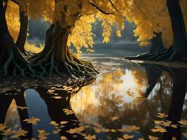 Natur Schönheit im November beschwingt Herbst Bäume im ein heiter Wald, ai generiert foto