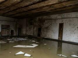 Innere von ein Haus nach ein überflutet Erdbeben, foto