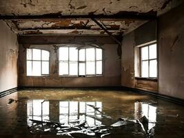 Innere von ein Haus nach ein überflutet Erdbeben, foto