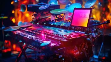 Neon- infundiert Klang ein Musical Kunst mit bunt Instrumente ai generiert foto