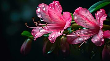 Nahansicht von Rosa Azalee Blumen mit Wasser Tröpfchen auf dunkel Hintergrund ai generiert foto