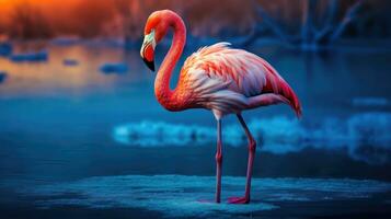 elegant Wasservögel Flamingo durch das See mit anmutig Pose und Morgen Ruhe ai generiert foto