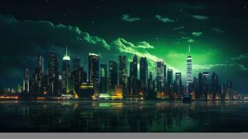 Nacht Stadt Beleuchtung ein glatt und modern Horizont mit Licht Grün Akzente ai generiert foto