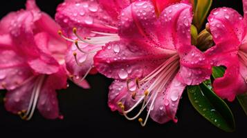 nass und bunt Blumen ein botanisch Foto von Azaleen mit ein dunkel Kontrast ai generiert