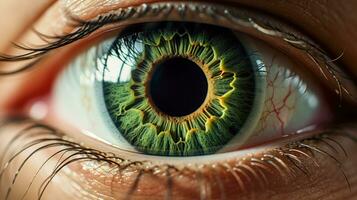 Nahansicht von ein schön jung Frau Grün Auge mit detailliert Iris ai generiert foto