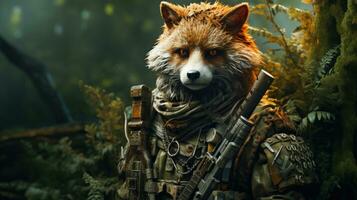 ein gerissen Fuchs im ein Wald tarnen passen und ein Bogen und Pfeil Jagd im das Wald ai generiert foto