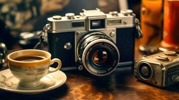 ein Jahrgang Fotografie Foto von ein Antiquität Kamera und ein Jahrgang Tee Zeit ai generiert