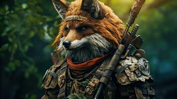 Fuchs Krieger im das Wald ein gerissen und mutig Tier Held ai generiert foto