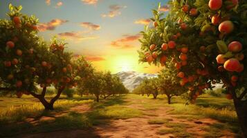 Sonnenaufgang Über ein Pfirsich Obstgarten ein szenisch Aussicht von der Natur Kopfgeld ai generiert foto