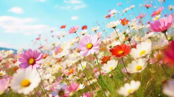 Wiese Landschaft ein koexistieren Blumen und Wildblume Harmonie Szene ai generiert foto